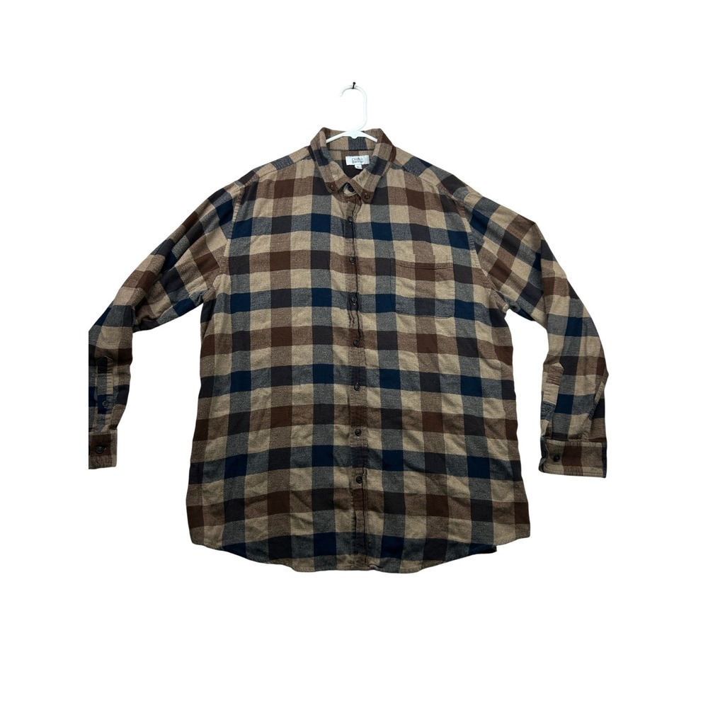 Croft & Barrow Men's Flannel Shirt XL Brown Blue Plaid Cotton Button Down Cabin